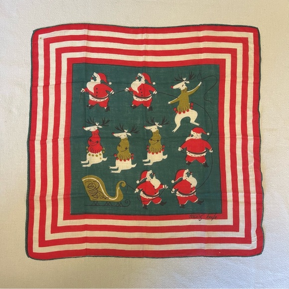 Vintage Tammis Keefe Christmas Handkerchief - Santa with Reindeer - Picture 1 of 3